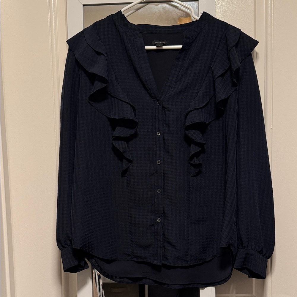 Ann Taylor Navy Ruffle Front Blouse